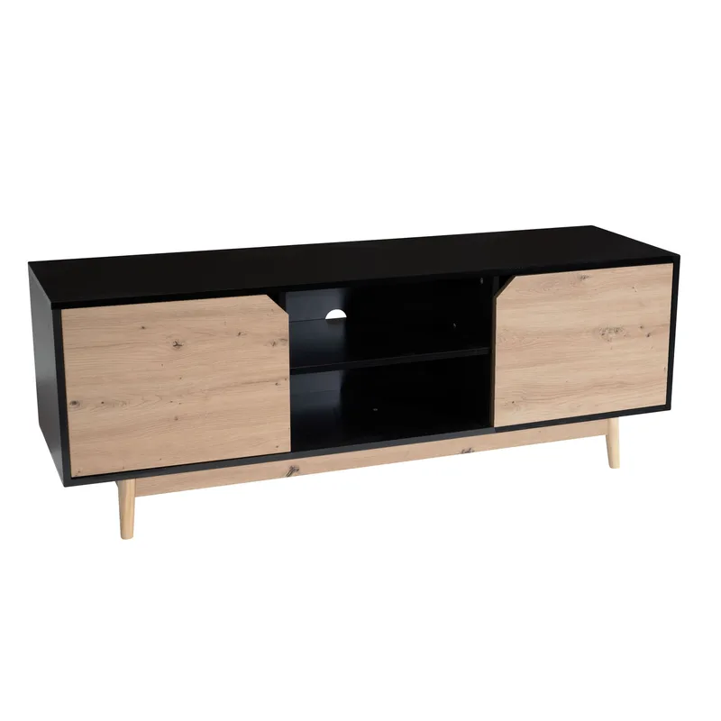 Lav TV-benk Wohnling Eik, svart, 150 cm, Svart med eikefargede fronter/ben