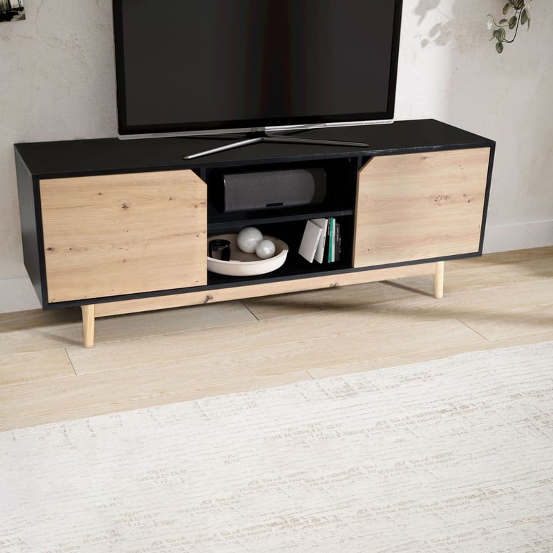 Lav TV-benk Wohnling Eik, svart, 150 cm - Svart med eikefargede fronter/ben - Møbler - Mediamøbel & tv møbel - TV-benk & mediabenk