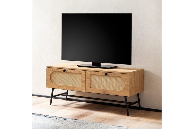Lavbord Wohnling Melaminbelagt MDF Eik Optikk Rattan Front 2 Skuffer Metallben Moderne - Møbler - Mediamøbel & tv møbel - TV-skap
