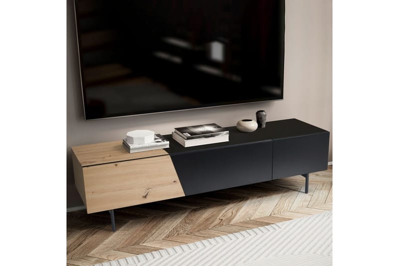 Lavbord Wohnling moderne sponplate, 1 skuff og 1 klaffdør, metallben, moderne stil Svart, Eik - Svart, Eik - Møbler - Mediamøbel & tv møbel - Mediestativ & veggfeste