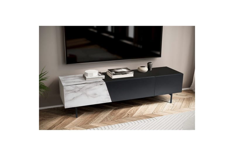 Lavbord Wohnling moderne sponplate, 1 skuff og 1 klaffdør, metallben, moderne stil Svart, marmor hvit - Svart, marmor hvit - Møbler - Mediamøbel & tv møbel - Mediestativ & veggfeste