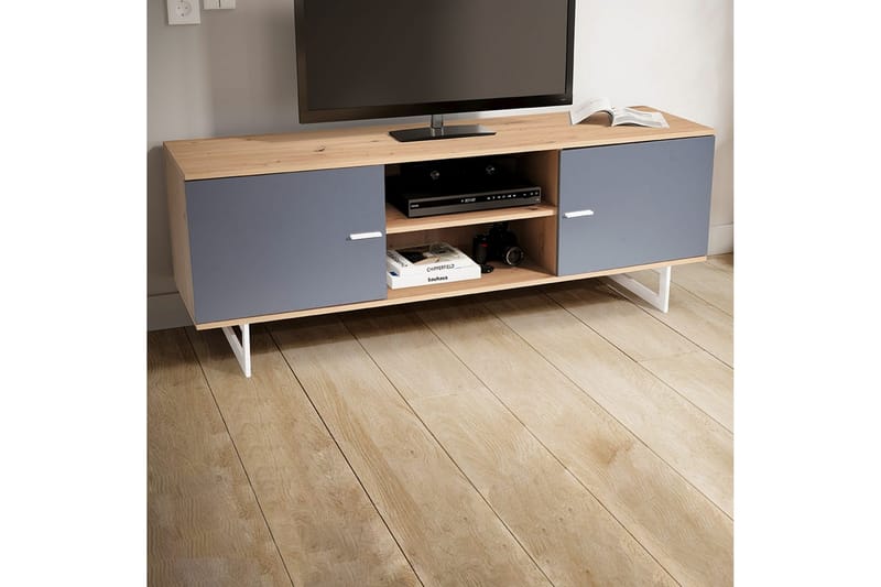 Lavbord Wohnling moderne sponplate, 2 dører, oppbevaringsbrett, metallben, moderne stil Eik, Grå - Eik, Grå - Møbler - Mediamøbel & tv møbel - TV-skap