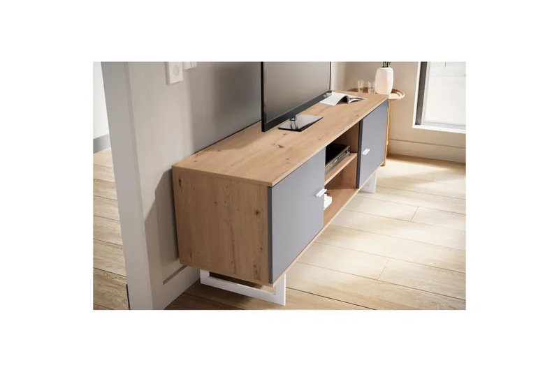 Lavbord Wohnling moderne sponplate, 2 dører, oppbevaringsbrett, metallben, moderne stil Eik, Grå - Eik, Grå - Møbler - Mediamøbel & tv møbel - TV-skap