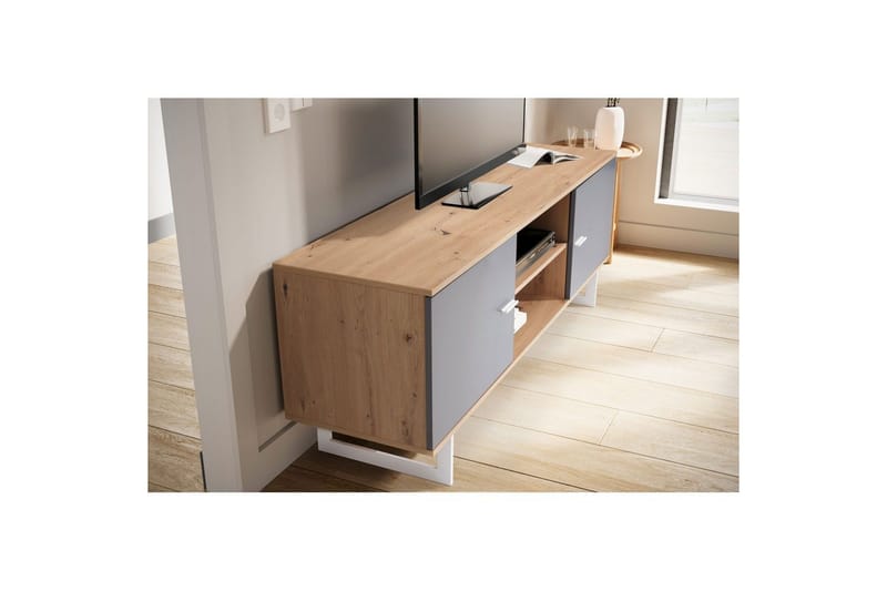 Lavbord Wohnling moderne sponplate, 2 dører, oppbevaringsbrett, metallben, moderne stil Eik, Grå - Eik, Grå - Møbler - Mediamøbel & tv møbel - TV-skap