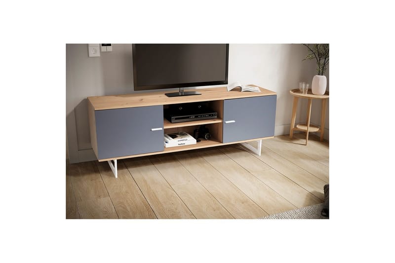 Lavbord Wohnling moderne sponplate, 2 dører, oppbevaringsbrett, metallben, moderne stil Eik, Grå - Eik, Grå - Møbler - Mediamøbel & tv møbel - TV-skap