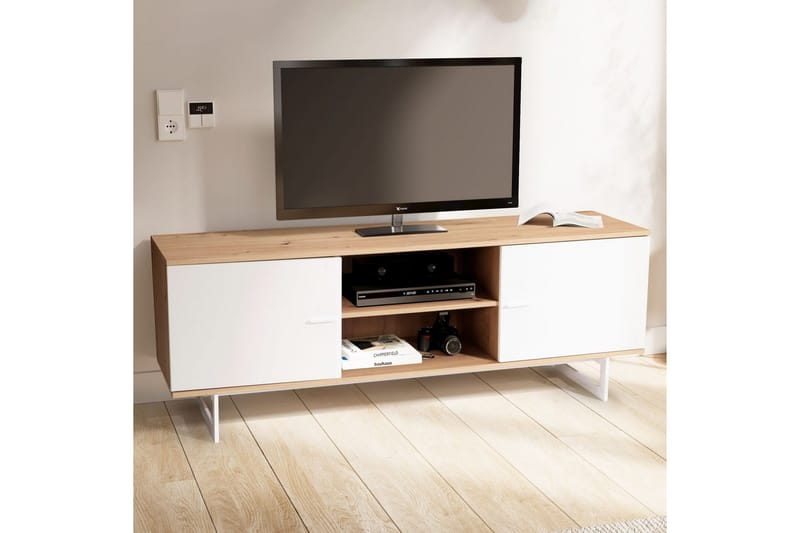 Lavbord Wohnling moderne sponplate, 2 dører, oppbevaringsbrett, metallben, moderne stil Eik, Hvit - Eik, Hvit - Møbler - Mediamøbel & tv møbel - TV-skap