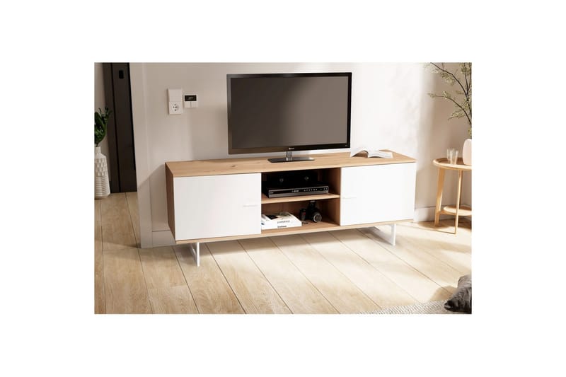 Lavbord Wohnling moderne sponplate, 2 dører, oppbevaringsbrett, metallben, moderne stil Eik, Hvit - Eik, Hvit - Møbler - Mediamøbel & tv møbel - TV-skap