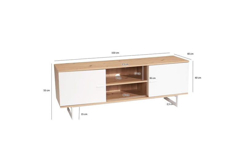Lavbord Wohnling moderne sponplate, 2 dører, oppbevaringsbrett, metallben, moderne stil Eik, Hvit - Eik, Hvit - Møbler - Mediamøbel & tv møbel - TV-skap
