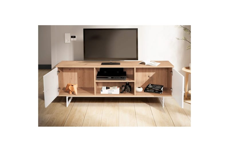 Lavbord Wohnling moderne sponplate, 2 dører, oppbevaringsbrett, metallben, moderne stil Eik, Hvit - Eik, Hvit - Møbler - Mediamøbel & tv møbel - TV-skap