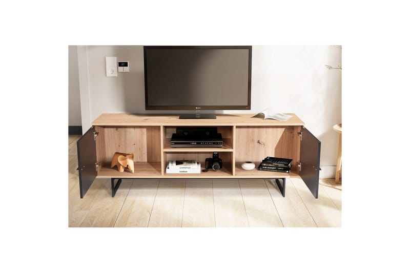 Lavbord Wohnling moderne sponplate, 2 dører, oppbevaringsbrett, metallben, moderne stil Eik, svart - Eik, svart - Møbler - Mediamøbel & tv møbel - TV-skap