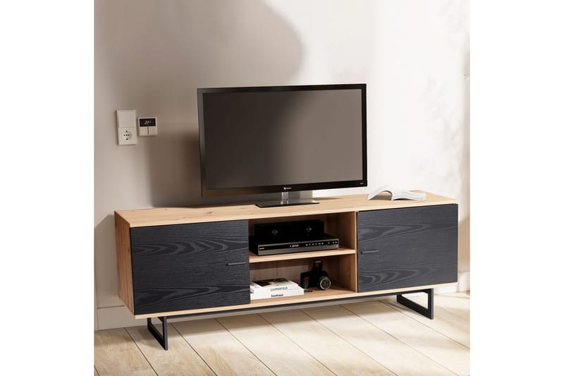 Lavbord Wohnling moderne sponplate, 2 dører, oppbevaringsbrett, metallben, moderne stil Eik, svart - Eik, svart - Møbler - Mediamøbel & tv møbel - TV-skap