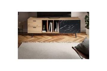 Lavbord Wohnling moderne sponplate, 2 skuffer, 1 dør, oppbevaringsbrett, metallben, moderne stil Eik, Marmor, Svart - Eik, Marmor, Svart - Møbler - Mediamøbel & tv møbel - TV-benk & mediabenk