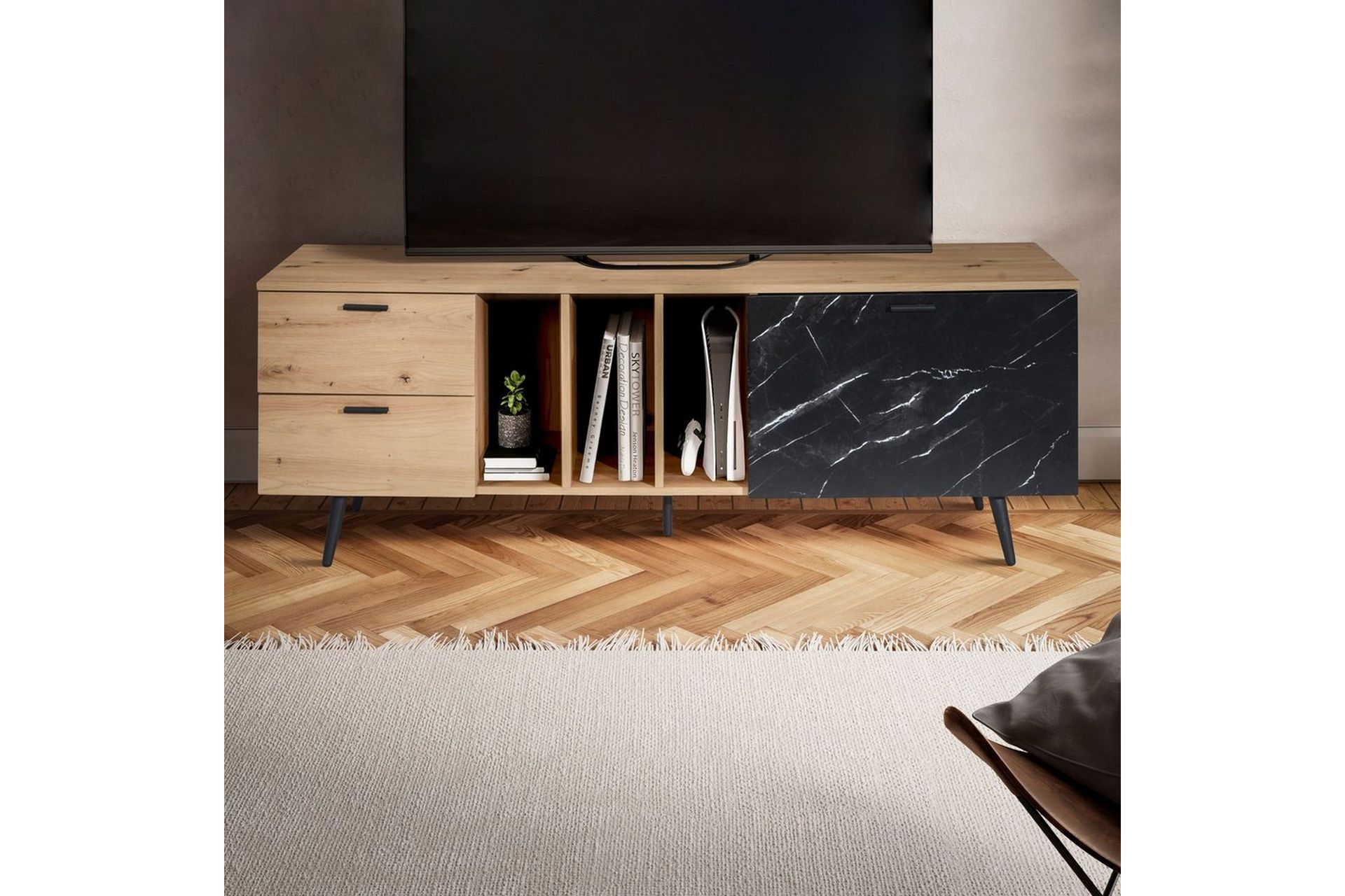Lavbord Wohnling moderne sponplate, 2 skuffer, 1 dør, oppbevaringsbrett, metallben, moderne stil Eik, Marmor, Svart - Eik, Marmor, Svart - Møbler - Mediamøbel & tv møbel - Mediestativ & veggfeste