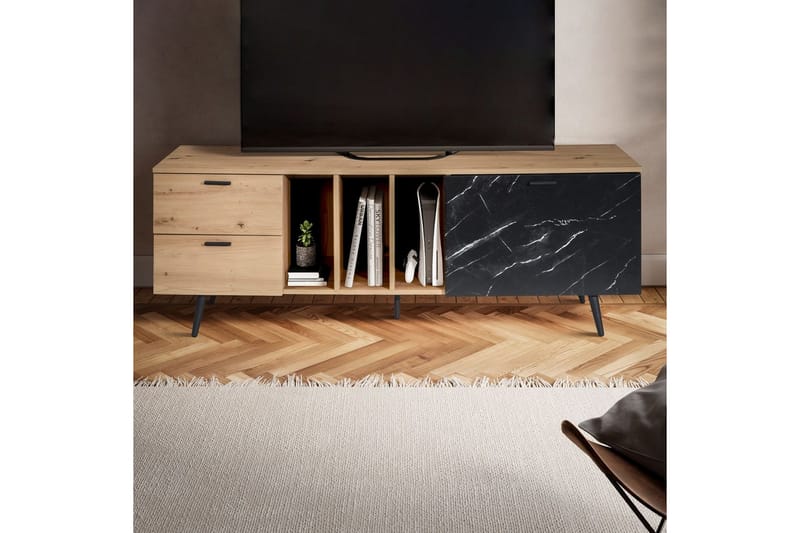 Lavbord Wohnling moderne sponplate, 2 skuffer, 1 dør, oppbevaringsbrett, metallben, moderne stil Eik, Marmor, Svart - Eik, Marmor, Svart - Møbler - Mediamøbel & tv møbel - Mediestativ & veggfeste