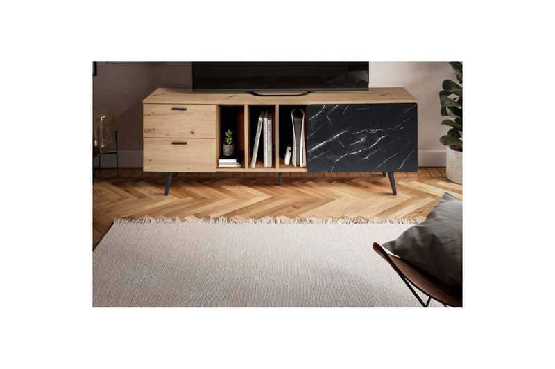 Lavbord Wohnling moderne sponplate, 2 skuffer, 1 dør, oppbevaringsbrett, metallben, moderne stil Eik, Marmor, Svart - Eik, Marmor, Svart - Møbler - Mediamøbel & tv møbel - Mediestativ & veggfeste