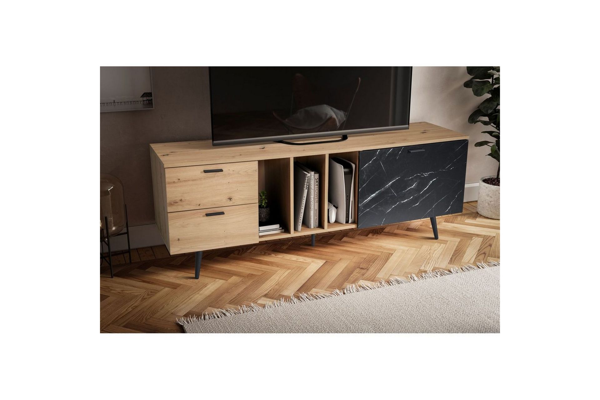 Lavbord Wohnling moderne sponplate, 2 skuffer, 1 dør, oppbevaringsbrett, metallben, moderne stil Eik, Marmor, Svart - Eik, Marmor, Svart - Møbler - Mediamøbel & tv møbel - Mediestativ & veggfeste