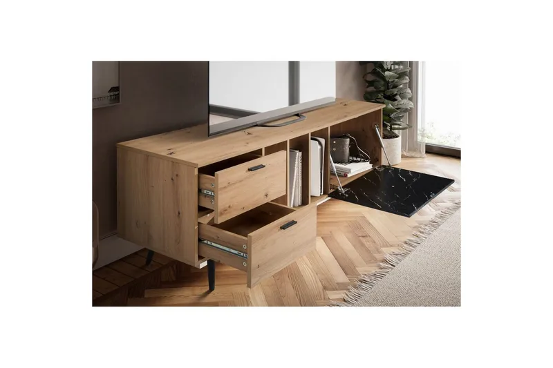 Lavbord Wohnling moderne sponplate, 2 skuffer, 1 dør, oppbevaringsbrett, metallben, moderne stil Eik, Marmor, Svart - Eik, Marmor, Svart - Møbler - Mediamøbel & tv møbel - TV-benk & mediabenk