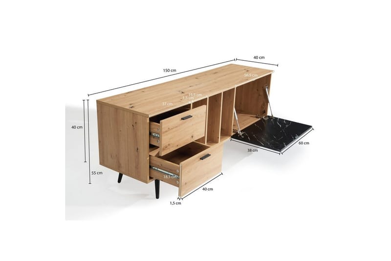 Lavbord Wohnling moderne sponplate, 2 skuffer, 1 dør, oppbevaringsbrett, metallben, moderne stil Eik, Marmor, Svart - Eik, Marmor, Svart - Møbler - Mediamøbel & tv møbel - TV-benk & mediabenk