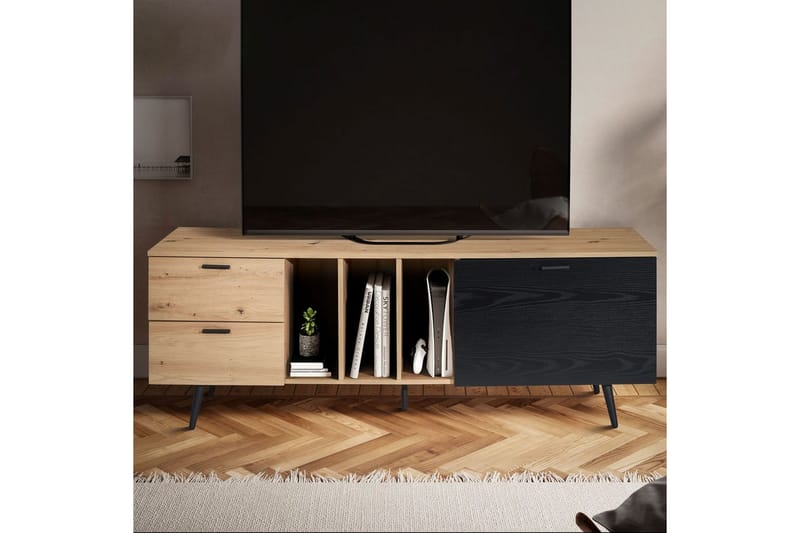 Lavbord Wohnling moderne sponplate, 2 skuffer, 1 dør, oppbevaringsbrett, metallben, moderne stil Eik - Eik - Møbler - Mediamøbel & tv møbel - Mediestativ & veggfeste