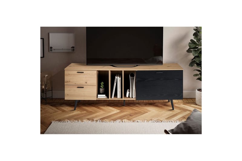 Lavbord Wohnling moderne sponplate, 2 skuffer, 1 dør, oppbevaringsbrett, metallben, moderne stil Eik - Eik - Møbler - Mediamøbel & tv møbel - Mediestativ & veggfeste