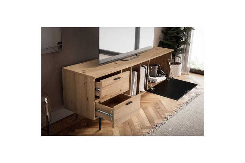 Lavbord Wohnling moderne sponplate, 2 skuffer, 1 dør, oppbevaringsbrett, metallben, moderne stil Eik - Eik - Møbler - Mediamøbel & tv møbel - Mediestativ & veggfeste