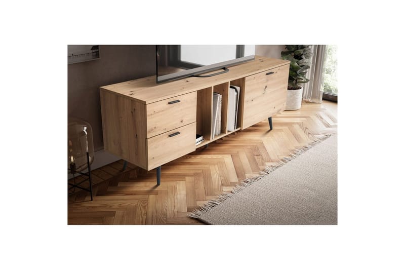 Lavbord Wohnling moderne sponplate, 2 skuffer, 1 dør, oppbevaringsbrett, metallben, moderne stil Svart, Eik - Svart, Eik - Møbler - Mediamøbel & tv møbel - TV-benk & mediabenk