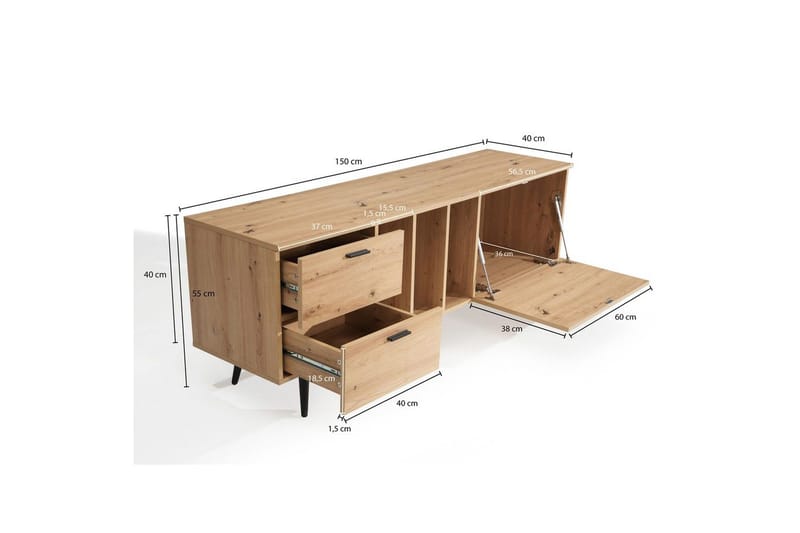 Lavbord Wohnling moderne sponplate, 2 skuffer, 1 dør, oppbevaringsbrett, metallben, moderne stil Svart, Eik - Svart, Eik - Møbler - Mediamøbel & tv møbel - TV-benk & mediabenk
