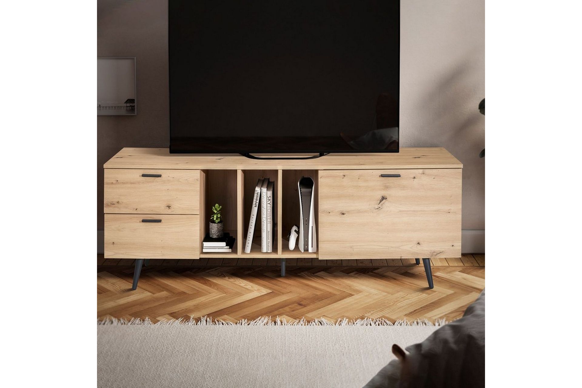 Lavbord Wohnling moderne sponplate, 2 skuffer, 1 dør, oppbevaringsbrett, metallben, moderne stil Svart, Eik - Svart, Eik - Møbler - Mediamøbel & tv møbel - Mediestativ & veggfeste