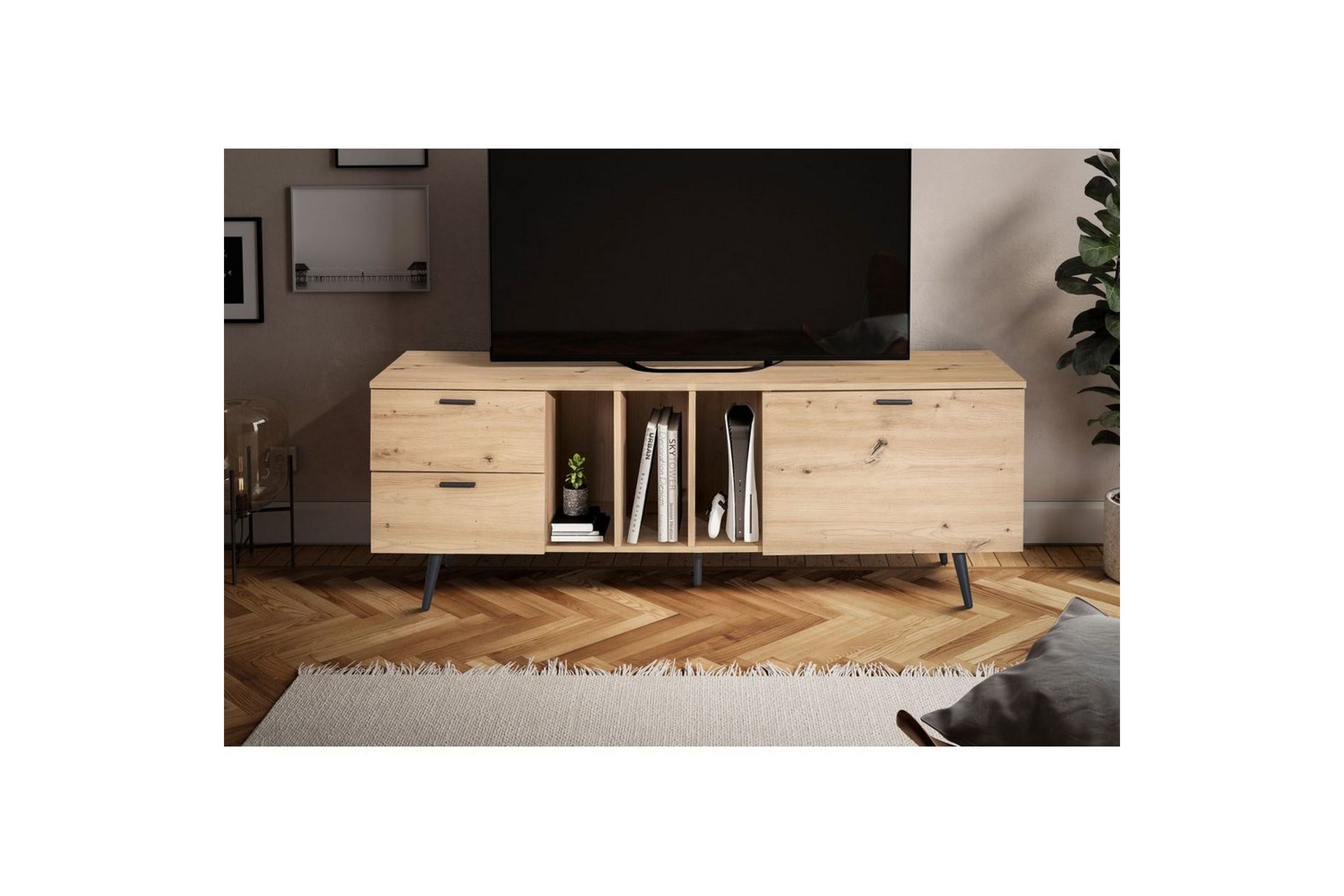 Lavbord Wohnling moderne sponplate, 2 skuffer, 1 dør, oppbevaringsbrett, metallben, moderne stil Svart, Eik - Svart, Eik - Møbler - Mediamøbel & tv møbel - Mediestativ & veggfeste