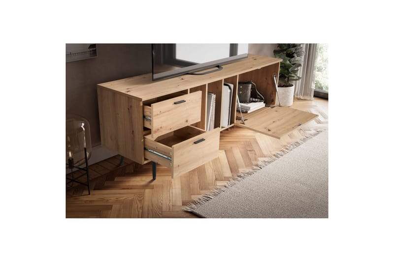 Lavbord Wohnling moderne sponplate, 2 skuffer, 1 dør, oppbevaringsbrett, metallben, moderne stil Svart, Eik - Svart, Eik - Møbler - Mediamøbel & tv møbel - TV-benk & mediabenk