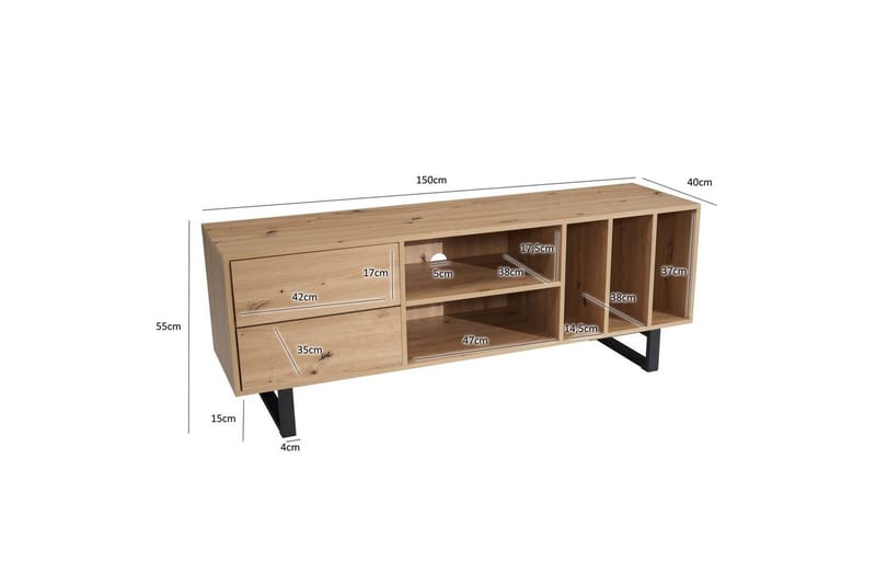 Lavbord Wohnling moderne sponplate, 2 skuffer, oppbevaringsbrett, metallben, moderne stil Eik - Eik - Møbler - Mediamøbel & tv møbel - TV-benk & mediabenk