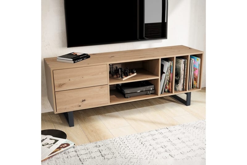 Lavbord Wohnling moderne sponplate, 2 skuffer, oppbevaringsbrett, metallben, moderne stil Eik - Eik - Møbler - Mediamøbel & tv møbel - Mediestativ & veggfeste