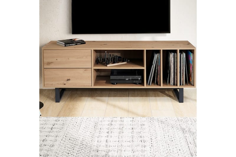 Lavbord Wohnling moderne sponplate, 2 skuffer, oppbevaringsbrett, metallben, moderne stil Eik - Eik - Møbler - Mediamøbel & tv møbel - Mediestativ & veggfeste