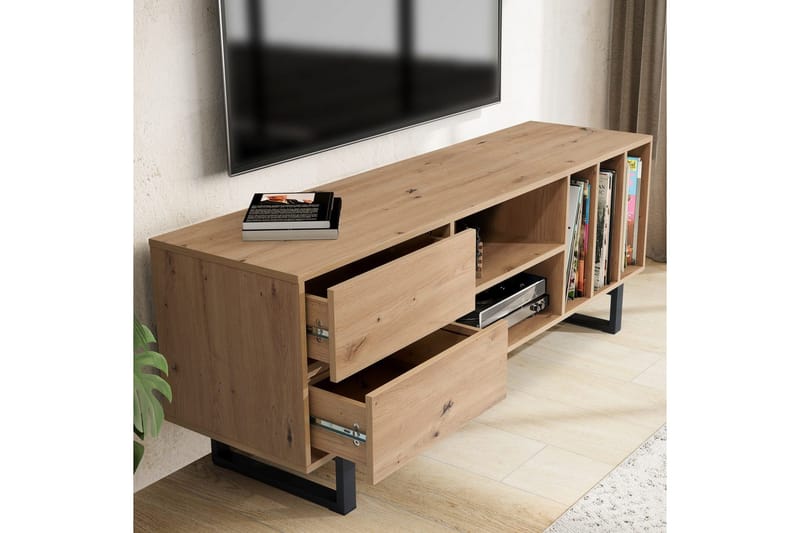 Lavbord Wohnling moderne sponplate, 2 skuffer, oppbevaringsbrett, metallben, moderne stil Eik - Eik - Møbler - Mediamøbel & tv møbel - TV-benk & mediabenk
