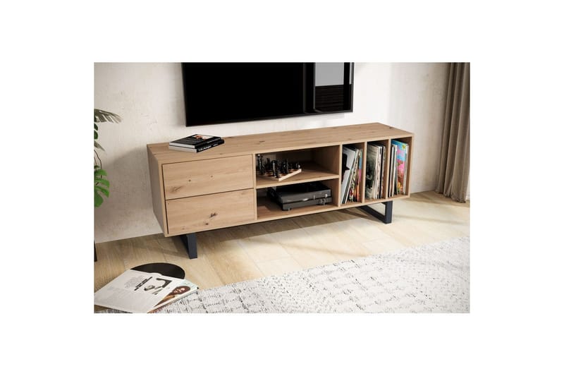 Lavbord Wohnling moderne sponplate, 2 skuffer, oppbevaringsbrett, metallben, moderne stil Eik - Eik - Møbler - Mediamøbel & tv møbel - TV-benk & mediabenk