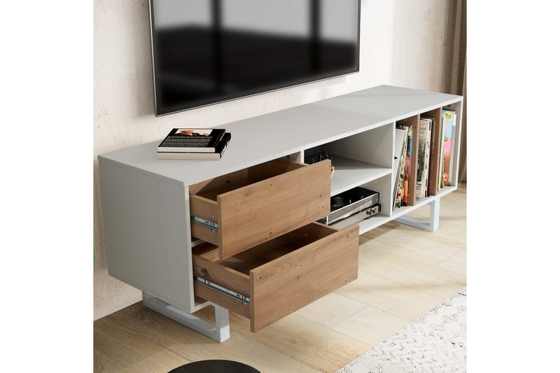 Lavbord Wohnling moderne sponplate, 2 skuffer, oppbevaringsbrett, metallben, moderne stil Hvit, eik - Hvit, eik - Møbler - Mediamøbel & tv møbel - TV-benk & mediabenk