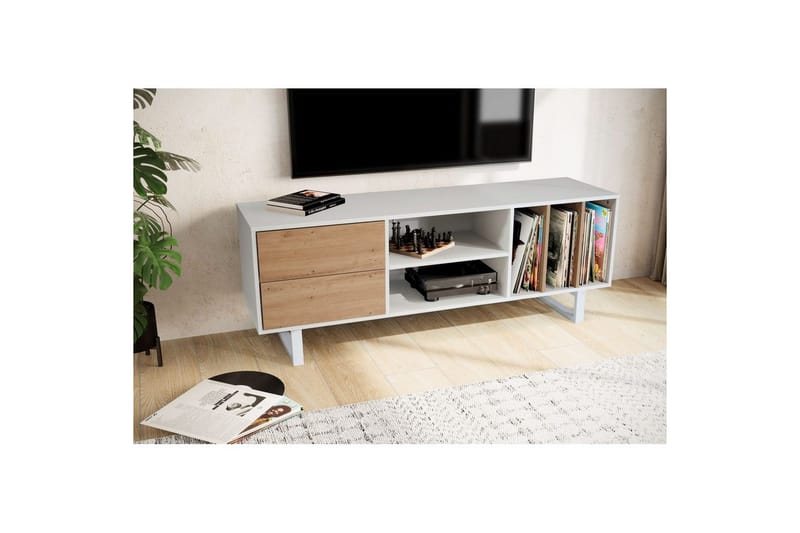 Lavbord Wohnling moderne sponplate, 2 skuffer, oppbevaringsbrett, metallben, moderne stil Hvit, eik - Hvit, eik - Møbler - Mediamøbel & tv møbel - TV-benk & mediabenk