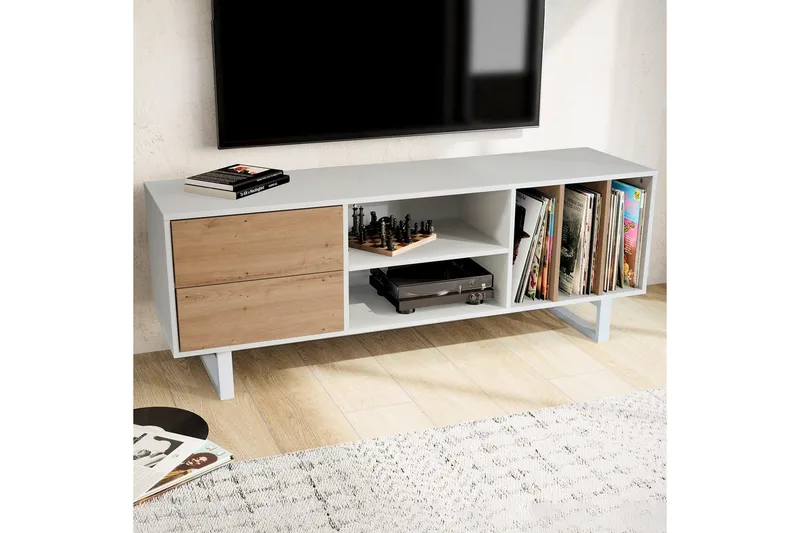 Lavbord Wohnling moderne sponplate, 2 skuffer, oppbevaringsbrett, metallben, moderne stil Hvit, eik - Hvit, eik - Møbler - Mediamøbel & tv møbel - TV-benk & mediabenk