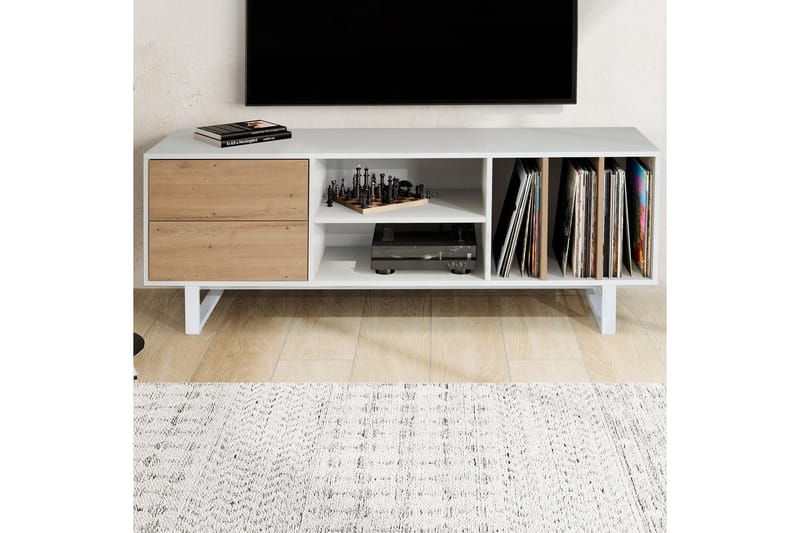 Lavbord Wohnling moderne sponplate, 2 skuffer, oppbevaringsbrett, metallben, moderne stil Hvit, eik - Hvit, eik - Møbler - Mediamøbel & tv møbel - Mediestativ & veggfeste