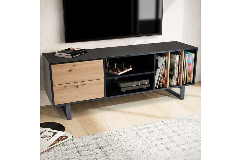 Lavbord Wohnling moderne sponplate, 2 skuffer, oppbevaringsbrett, metallben, moderne stil Svart, Eik - Svart, Eik - Møbler - Mediamøbel & tv møbel - Mediestativ & veggfeste