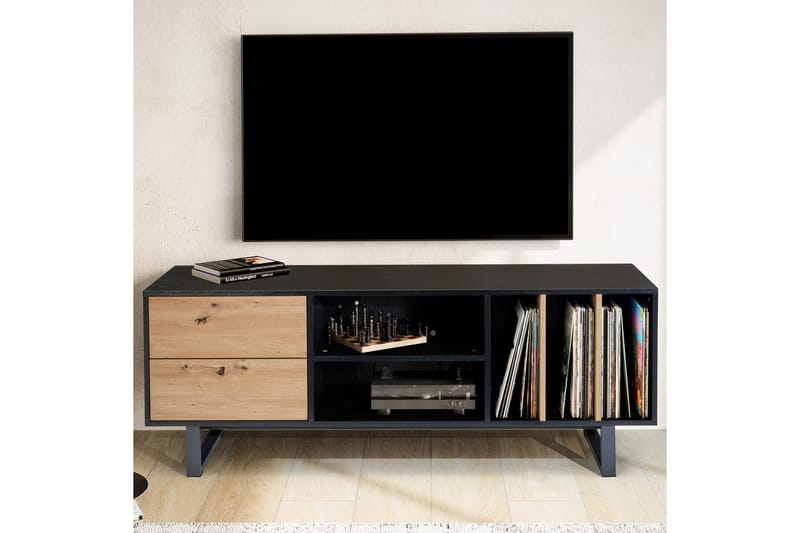 Lavbord Wohnling moderne sponplate, 2 skuffer, oppbevaringsbrett, metallben, moderne stil Svart, Eik - Svart, Eik - Møbler - Mediamøbel & tv møbel - Mediestativ & veggfeste