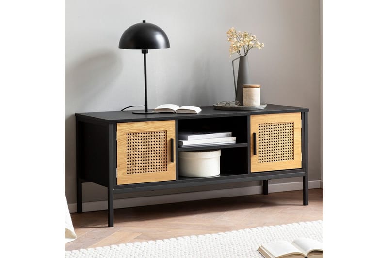 Lavbord Wohnling sponplate foliert med 2 skyvedører, wienerflette, moderne stil Svart, Eik - Svart, Eik - Møbler - Mediamøbel & tv møbel - Mediestativ & veggfeste