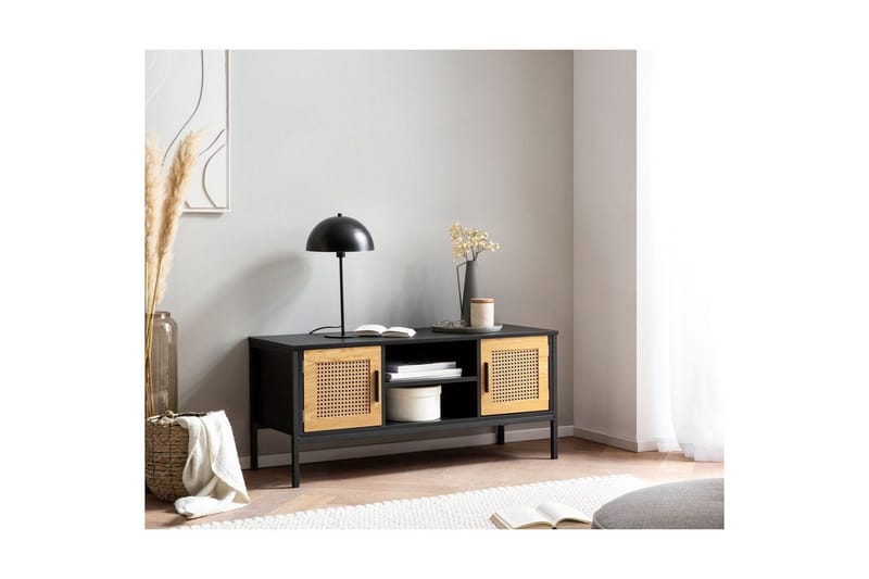 Lavbord Wohnling sponplate foliert med 2 skyvedører, wienerflette, moderne stil Svart, Eik - Svart, Eik - Møbler - Mediamøbel & tv møbel - TV-benk & mediabenk