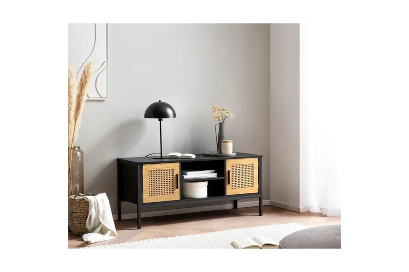 Lavbord Wohnling sponplate foliert med 2 skyvedører, wienerflette, moderne stil Svart, Eik - Svart, Eik - Møbler - Mediamøbel & tv møbel - TV-benk & mediabenk