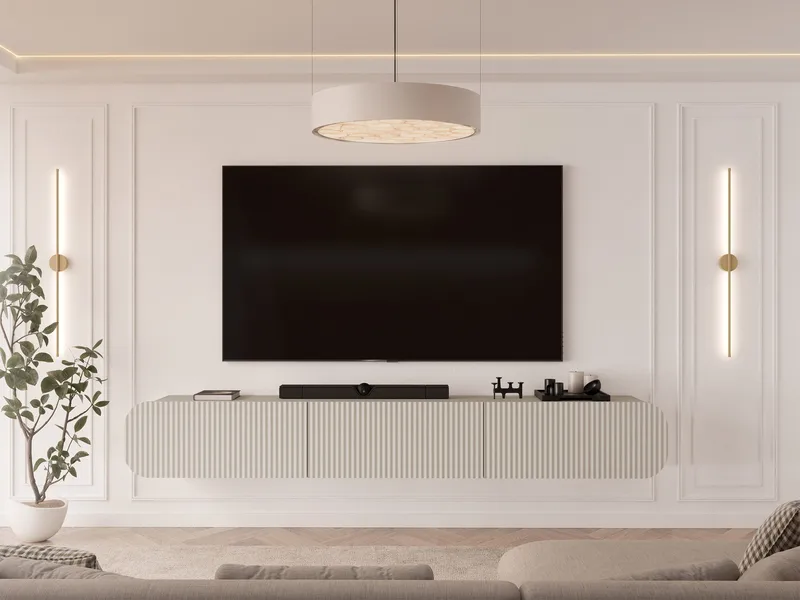 Lerva Veggmontert TV-benk 239 cm med Oppbevaring i Lyst Tre - Beige - Møbler - Mediamøbel & tv møbel - TV-benk & mediabenk