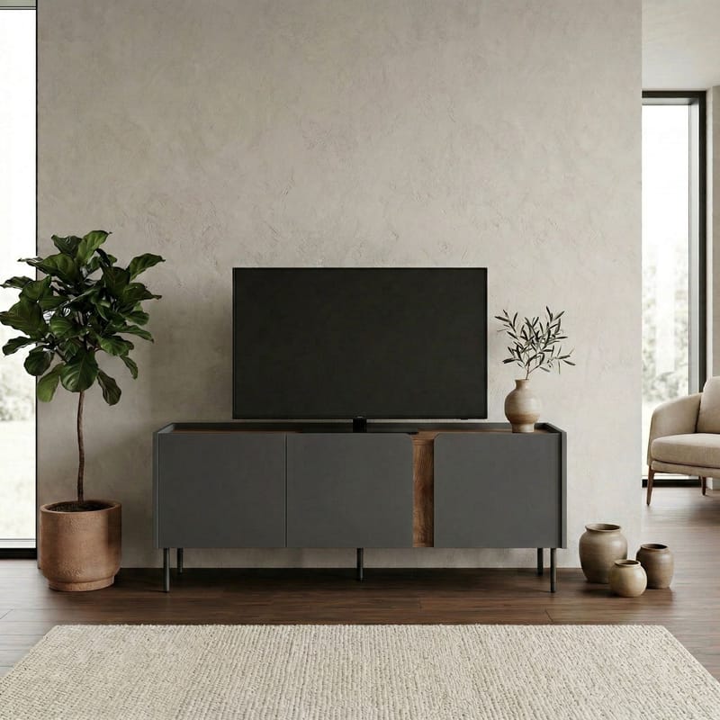 Lomar TV-benk 140x53,9x35,5 cm - Antrasitt/Naturlig eik/Svart - Møbler - Mediamøbel & tv møbel - TV-benk & mediabenk