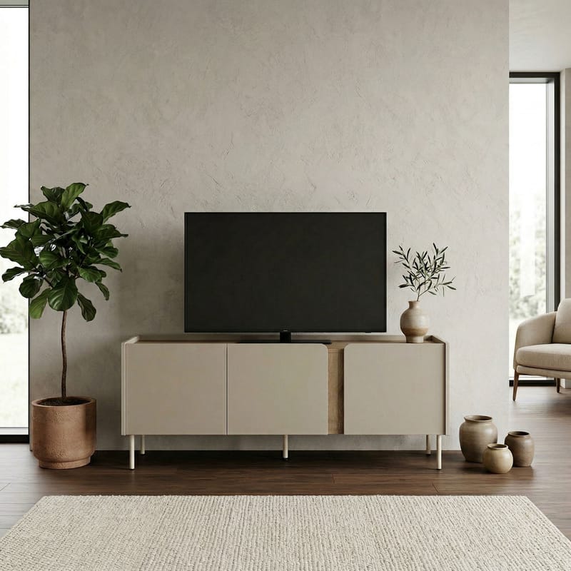 Lomar TV-benk 140x53,9x35,5 cm - Sandstein og naturlig eik - Møbler - Mediamøbel & tv møbel - TV-benk & mediabenk