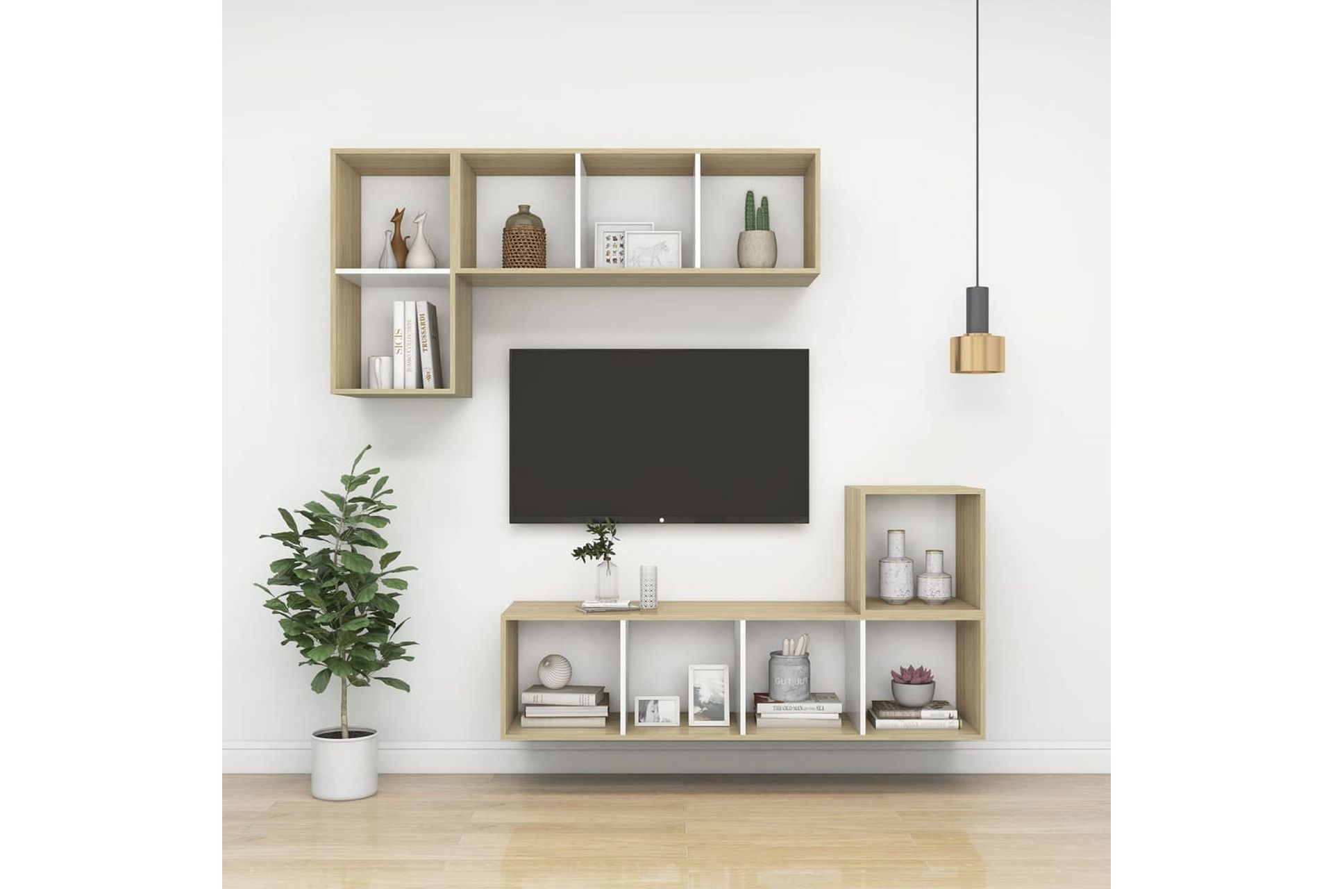Vegghengt TV-benk sonoma eik og hvit 37x37x142,5cm sponplate - Beige - Møbler - Mediamøbel & tv møbel - Mediestativ & veggfeste