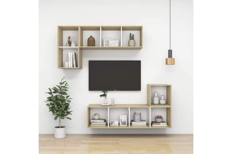 Vegghengt TV-benk sonoma eik og hvit 37x37x142,5cm sponplate - Beige - Møbler - Mediamøbel & tv møbel - Mediestativ & veggfeste