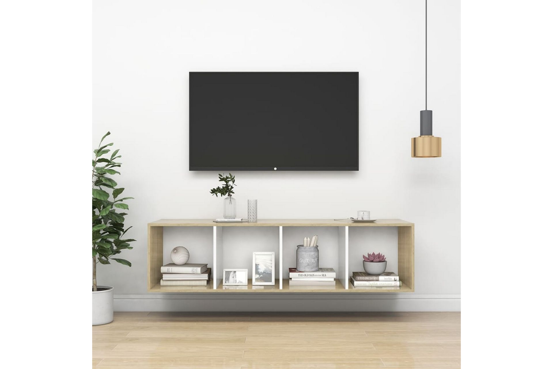 Vegghengt TV-benk sonoma eik og hvit 37x37x142,5cm sponplate - Beige - Møbler - Mediamøbel & tv møbel - Mediestativ & veggfeste